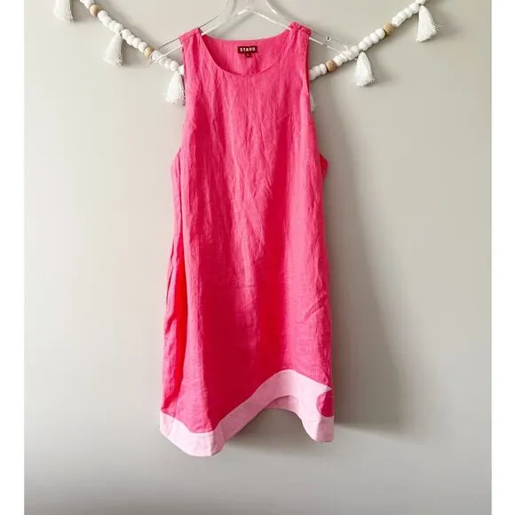NEW STAUD Allori Linen Dress Coral Paradise/Pearl Pink Asymmetric Hem Size XL