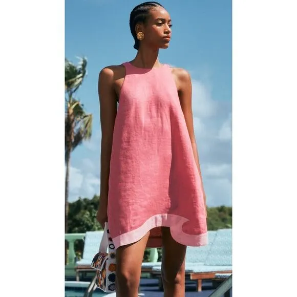 NEW STAUD Allori Linen Dress Coral Paradise/Pearl Pink Asymmetric Hem Size XL