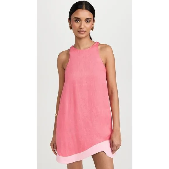 NEW STAUD Allori Linen Dress Coral Paradise/Pearl Pink Asymmetric Hem Size XL