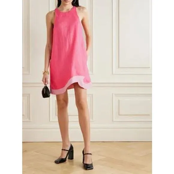 NEW STAUD Allori Linen Dress Coral Paradise/Pearl Pink Asymmetric Hem Size XL