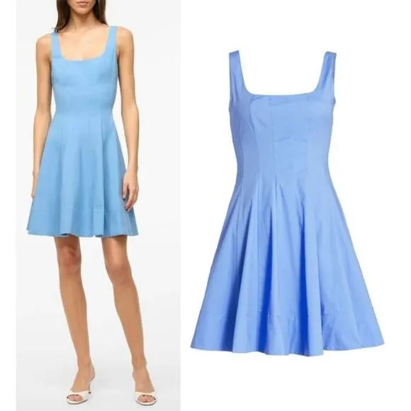 NEW STAUD Wells Mini Dress Cotton Stretch Square Neck Poplin Azure Blue Size 10