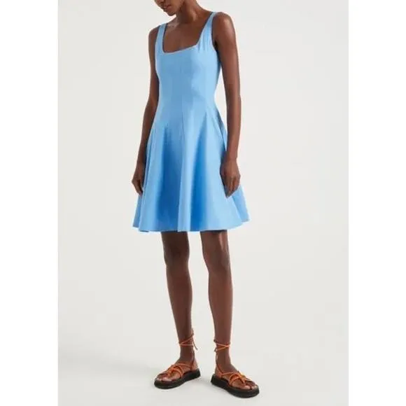 NEW STAUD Wells Mini Dress Cotton Stretch Square Neck Poplin Azure Blue Size 10