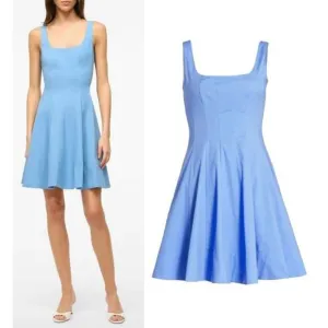NEW STAUD Wells Mini Dress Cotton Stretch Square Neck Poplin Azure Blue Size 10