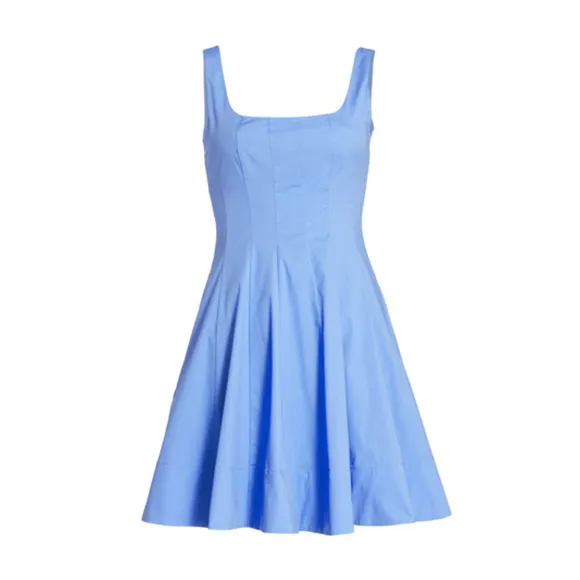 NEW STAUD Wells Mini Dress Cotton Stretch Square Neck Poplin Azure Blue Size 10