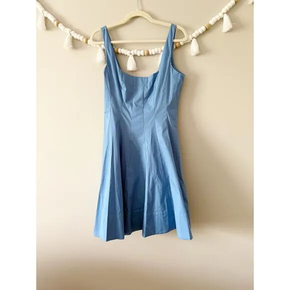 NEW STAUD Wells Mini Dress Cotton Stretch Square Neck Poplin Azure Blue Size 10