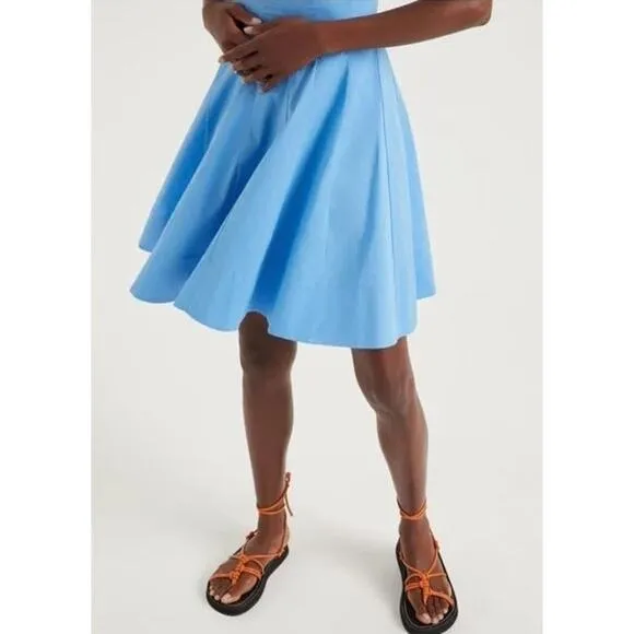 NEW STAUD Wells Mini Dress Cotton Stretch Square Neck Poplin Azure Blue Size 10