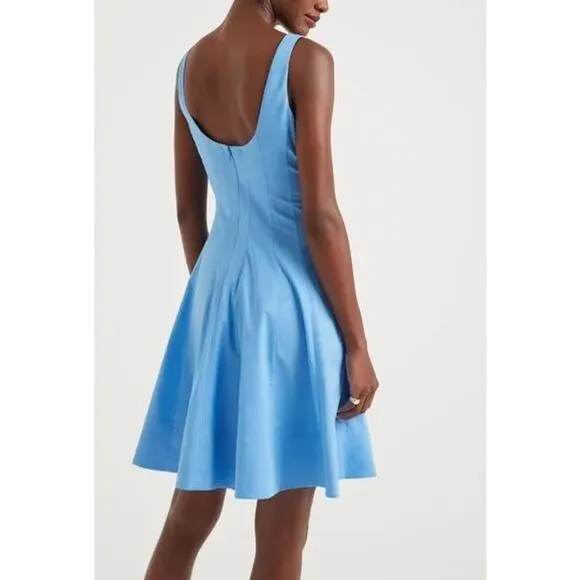 NEW STAUD Wells Mini Dress Cotton Stretch Square Neck Poplin Azure Blue Size 10