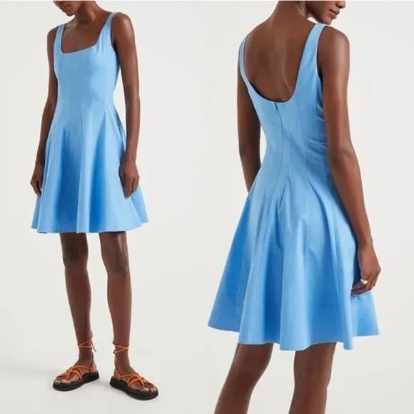 NEW STAUD Wells Mini Dress Cotton Stretch Square Neck Poplin Azure Blue Size 10