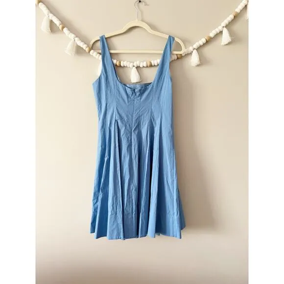 NEW STAUD Wells Mini Dress Cotton Stretch Square Neck Poplin Azure Blue Size 10