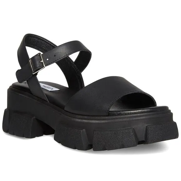 New STEVE MADDEN Tazia Leather Mega Lug Slingback Platform Sandals Black 10