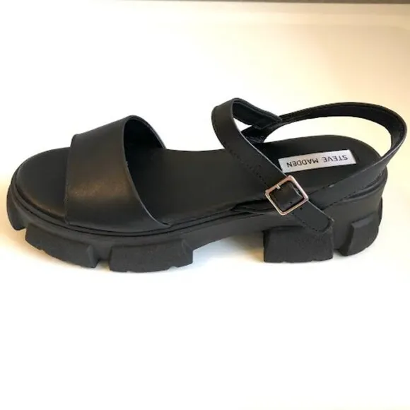 New STEVE MADDEN Tazia Leather Mega Lug Slingback Platform Sandals Black 10