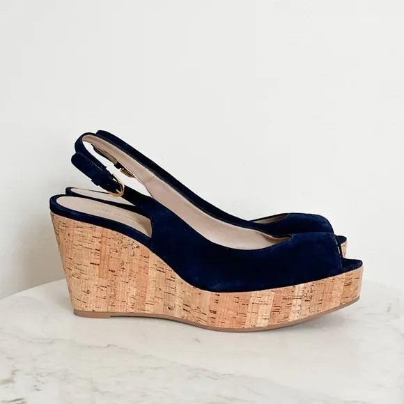 NEW STUART WEITZMAN Jean Suede Slingback Wedge Sandals Navy Blue Size 11.5