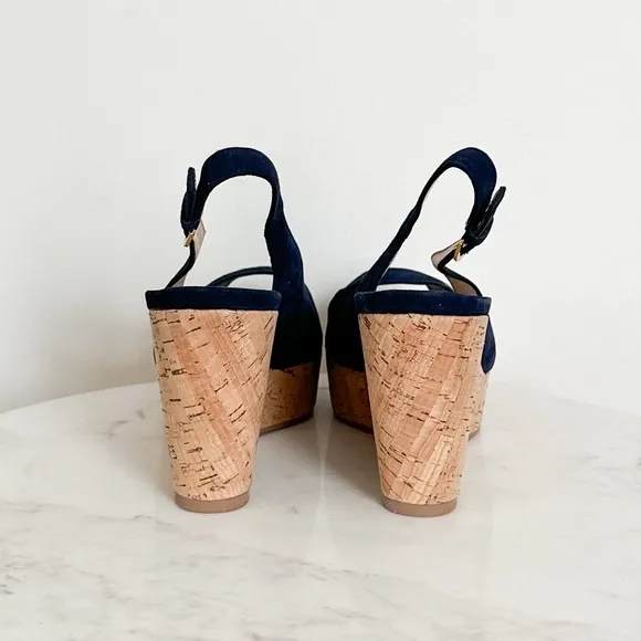 NEW STUART WEITZMAN Jean Suede Slingback Wedge Sandals Navy Blue Size 11.5