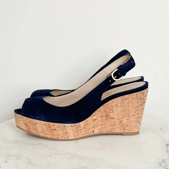 NEW STUART WEITZMAN Jean Suede Slingback Wedge Sandals Navy Blue Size 11.5