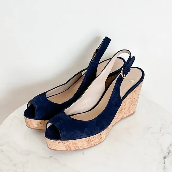 NEW STUART WEITZMAN Jean Suede Slingback Wedge Sandals Navy Blue Size 11.5