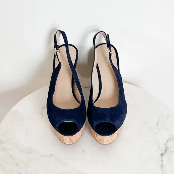 NEW STUART WEITZMAN Jean Suede Slingback Wedge Sandals Navy Blue Size 11.5