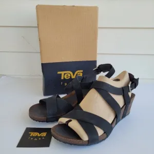 New Teva Black Mahonia Cross strap leather wedge sandals