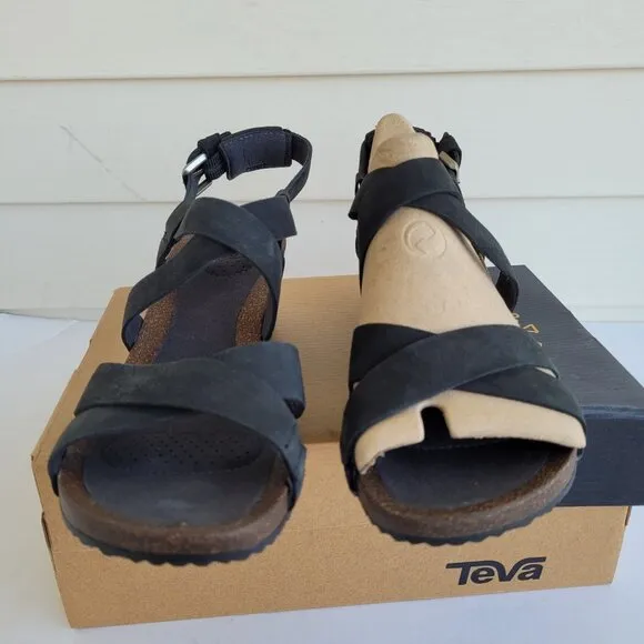 New Teva Black Mahonia Cross strap leather wedge sandals