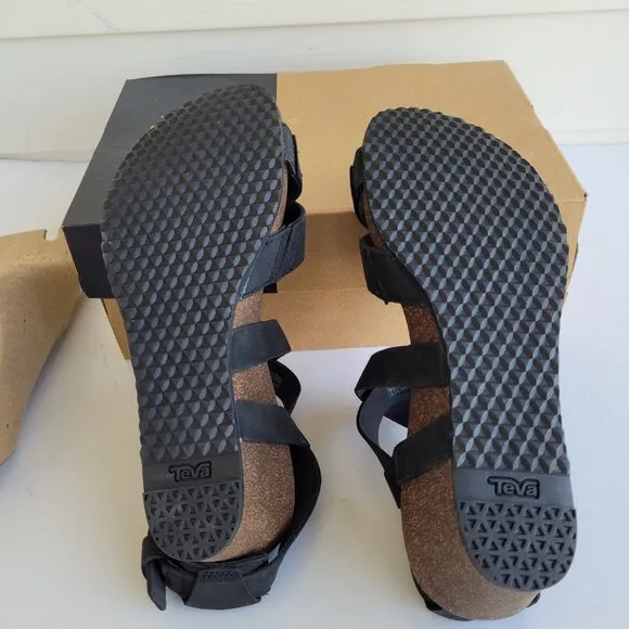 New Teva Black Mahonia Cross strap leather wedge sandals