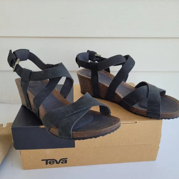 New Teva Black Mahonia Cross strap leather wedge sandals