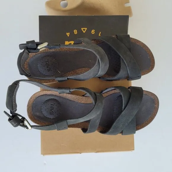 New Teva Black Mahonia Cross strap leather wedge sandals
