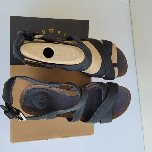 New Teva Black Mahonia Cross strap leather wedge sandals