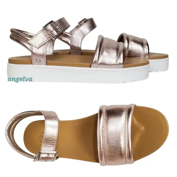 New Ugg womens Zayne ankle strap leather platform sandals rose gold metallic