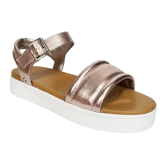 New Ugg womens Zayne ankle strap leather platform sandals rose gold metallic