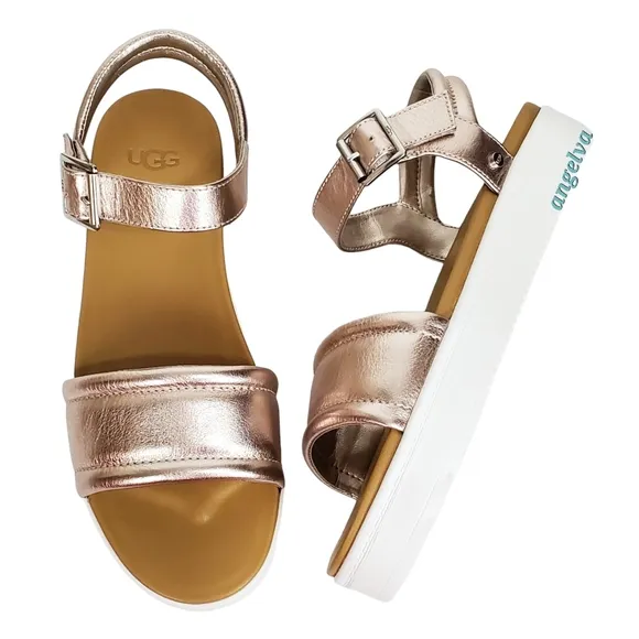 New Ugg womens Zayne ankle strap leather platform sandals rose gold metallic