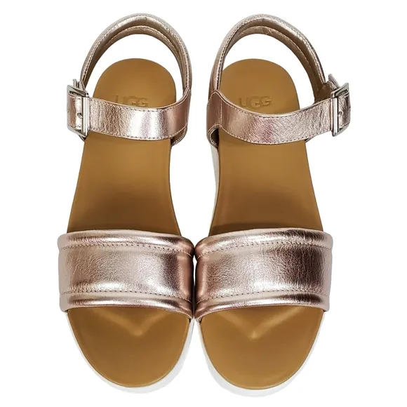 New Ugg womens Zayne ankle strap leather platform sandals rose gold metallic