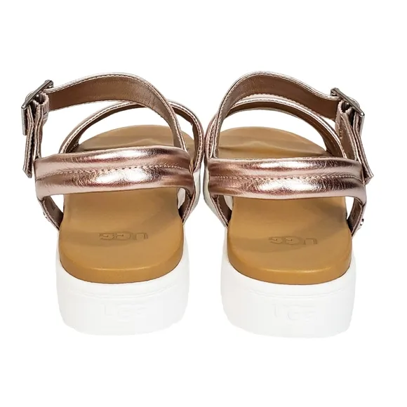 New Ugg womens Zayne ankle strap leather platform sandals rose gold metallic