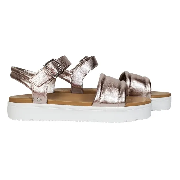 New Ugg womens Zayne ankle strap leather platform sandals rose gold metallic
