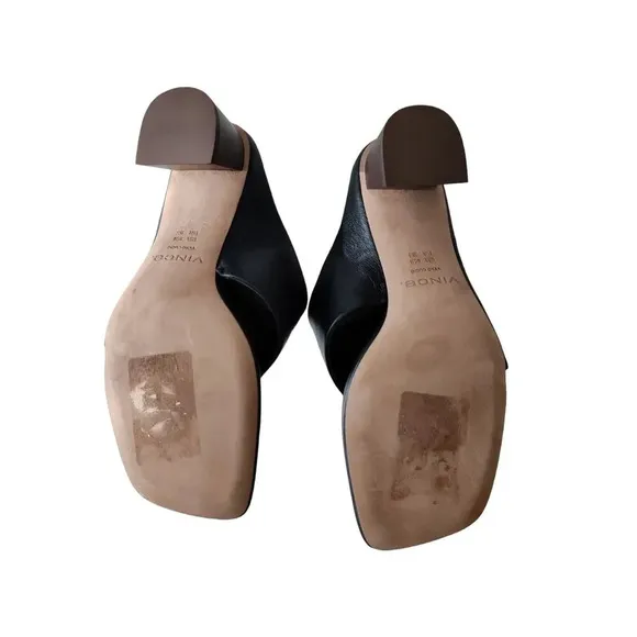 New Vince Black Leather Mules Sandals Dionne Slip On Wood Block Heel Size 8.5 M