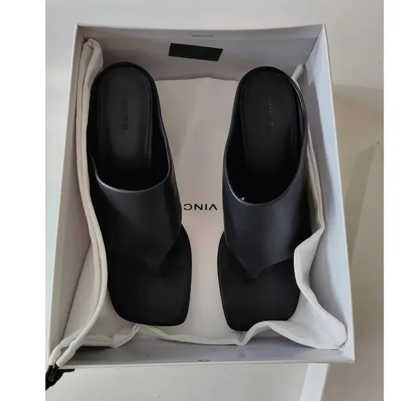 New Vince Black Leather Mules Sandals Dionne Slip On Wood Block Heel Size 8.5 M