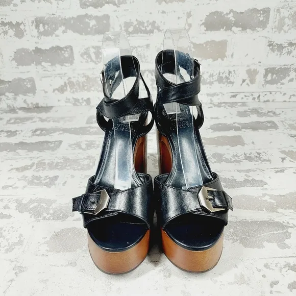 NEW Vince Camuto Rondea Black Leather Buckle Ankle Strap Wood Heel Sandals M403