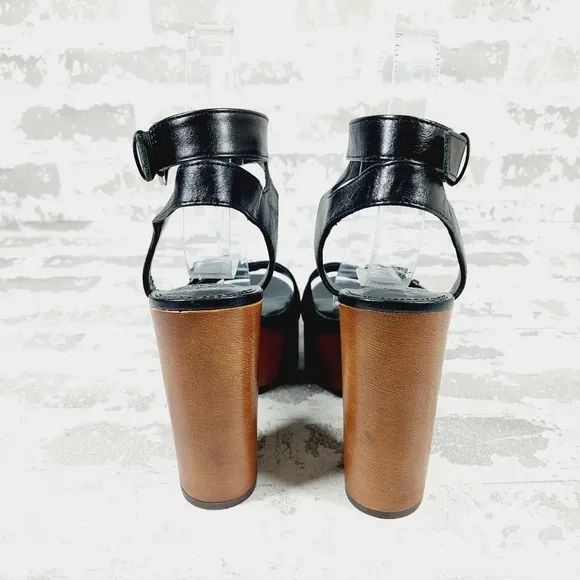 NEW Vince Camuto Rondea Black Leather Buckle Ankle Strap Wood Heel Sandals M403