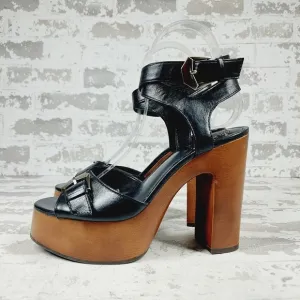 NEW Vince Camuto Rondea Black Leather Buckle Ankle Strap Wood Heel Sandals M403