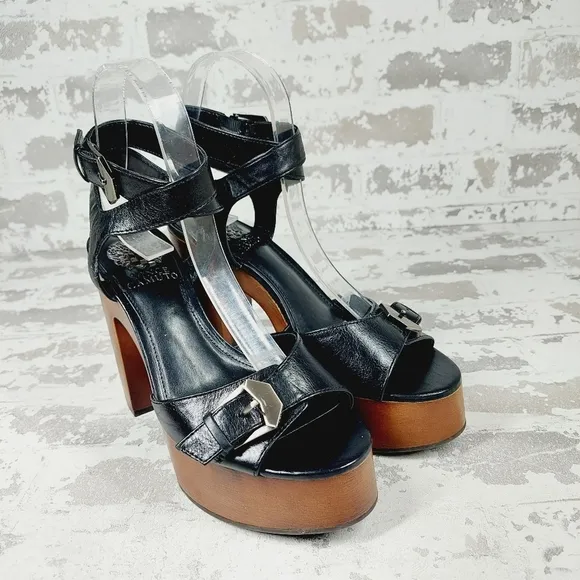 NEW Vince Camuto Rondea Black Leather Buckle Ankle Strap Wood Heel Sandals M403