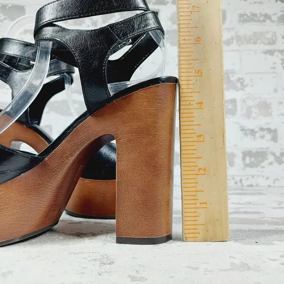 NEW Vince Camuto Rondea Black Leather Buckle Ankle Strap Wood Heel Sandals M403