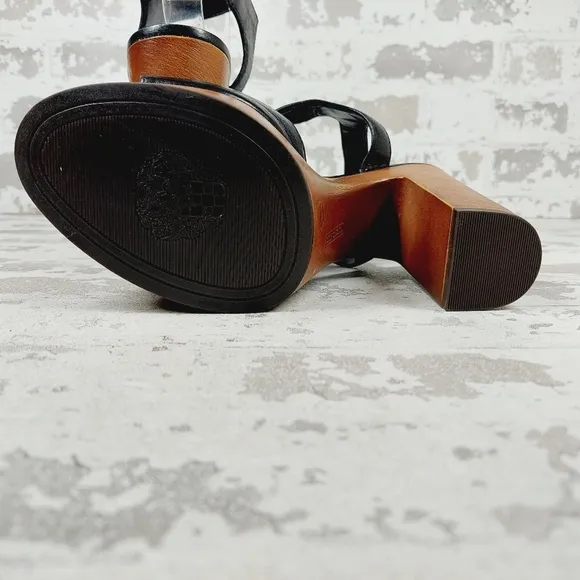 NEW Vince Camuto Rondea Black Leather Buckle Ankle Strap Wood Heel Sandals M403