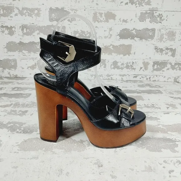 NEW Vince Camuto Rondea Black Leather Buckle Ankle Strap Wood Heel Sandals M403