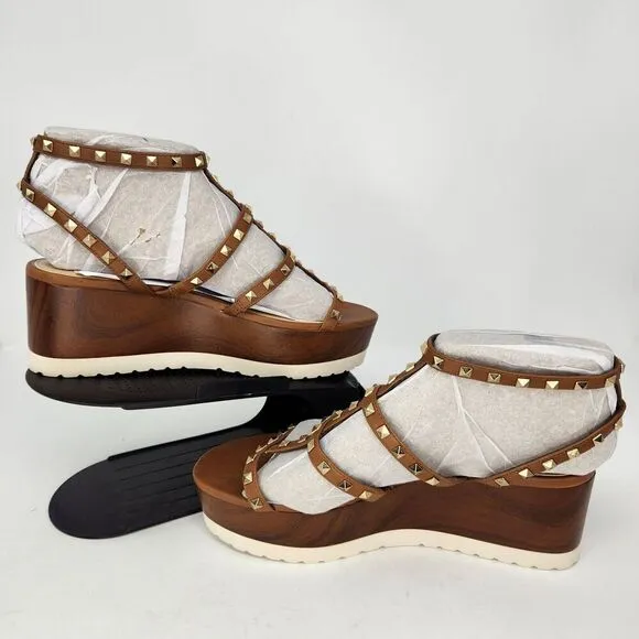 New Vince Camuto Womens Pemolie Studded Platform Wedge Sandals Brown Size 7