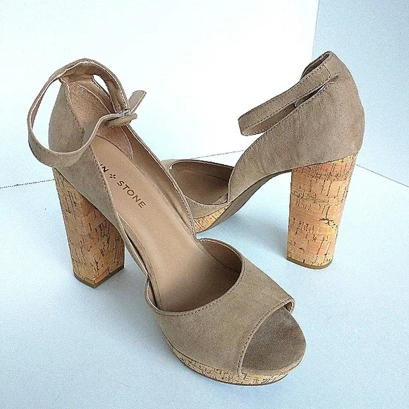 New w/o Box Sun   Stone Reeta Block Heel Ankle Strap Platform Dress Sandal Sz 9