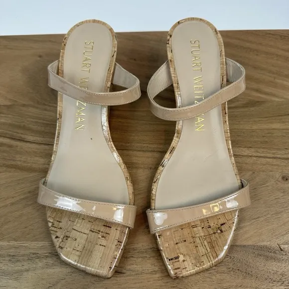 New Womens Stuart Weitzman Aleena 50 Patent Leather Cork Wedge Sandals Size 8 B