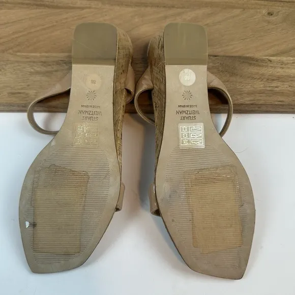 New Womens Stuart Weitzman Aleena 50 Patent Leather Cork Wedge Sandals Size 8 B