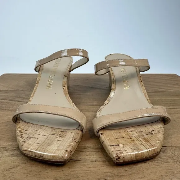 New Womens Stuart Weitzman Aleena 50 Patent Leather Cork Wedge Sandals Size 8 B