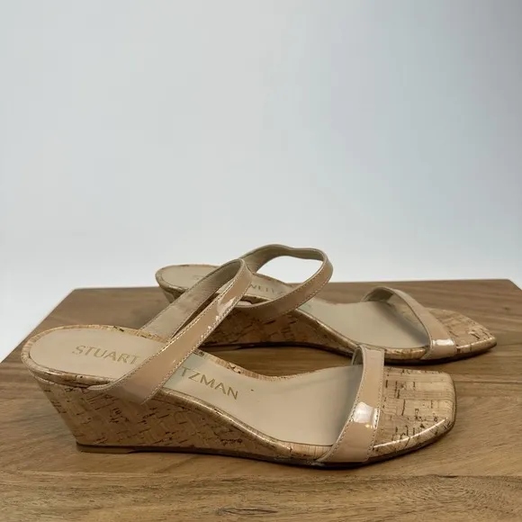 New Womens Stuart Weitzman Aleena 50 Patent Leather Cork Wedge Sandals Size 8 B