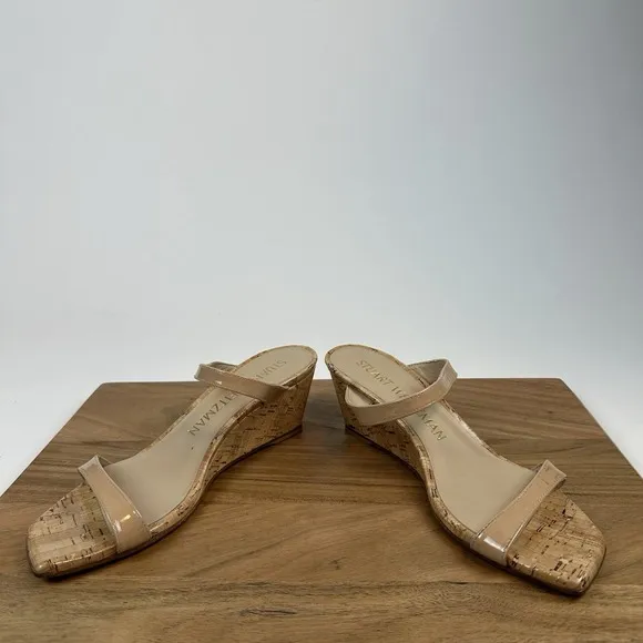 New Womens Stuart Weitzman Aleena 50 Patent Leather Cork Wedge Sandals Size 8 B