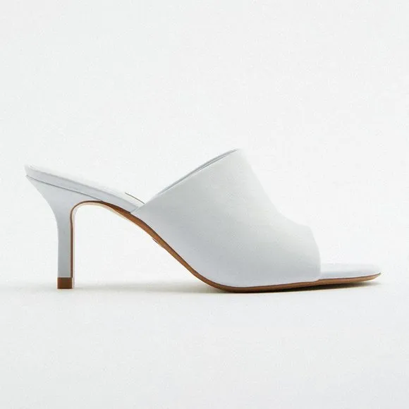 NEW Zara White 100% Genuine Soft Leather Slip On Sandals Heeled Mules Size 10