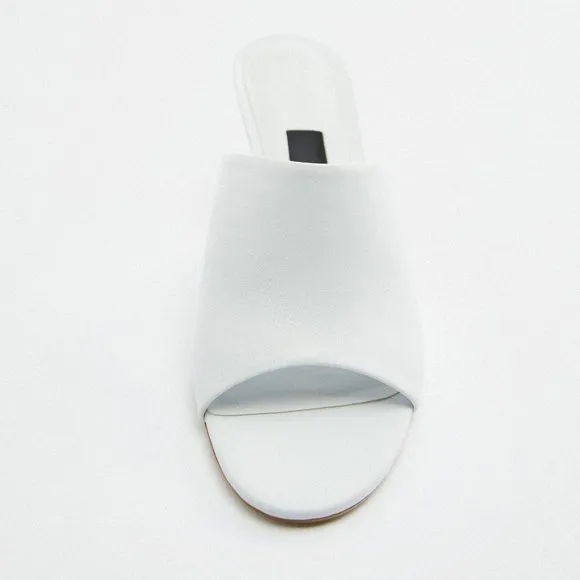 NEW Zara White 100% Genuine Soft Leather Slip On Sandals Heeled Mules Size 10